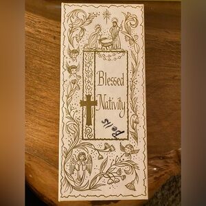 VTG Blessed Nativity Christmas Card Box Cream Gold Rectangle *handwriting on top